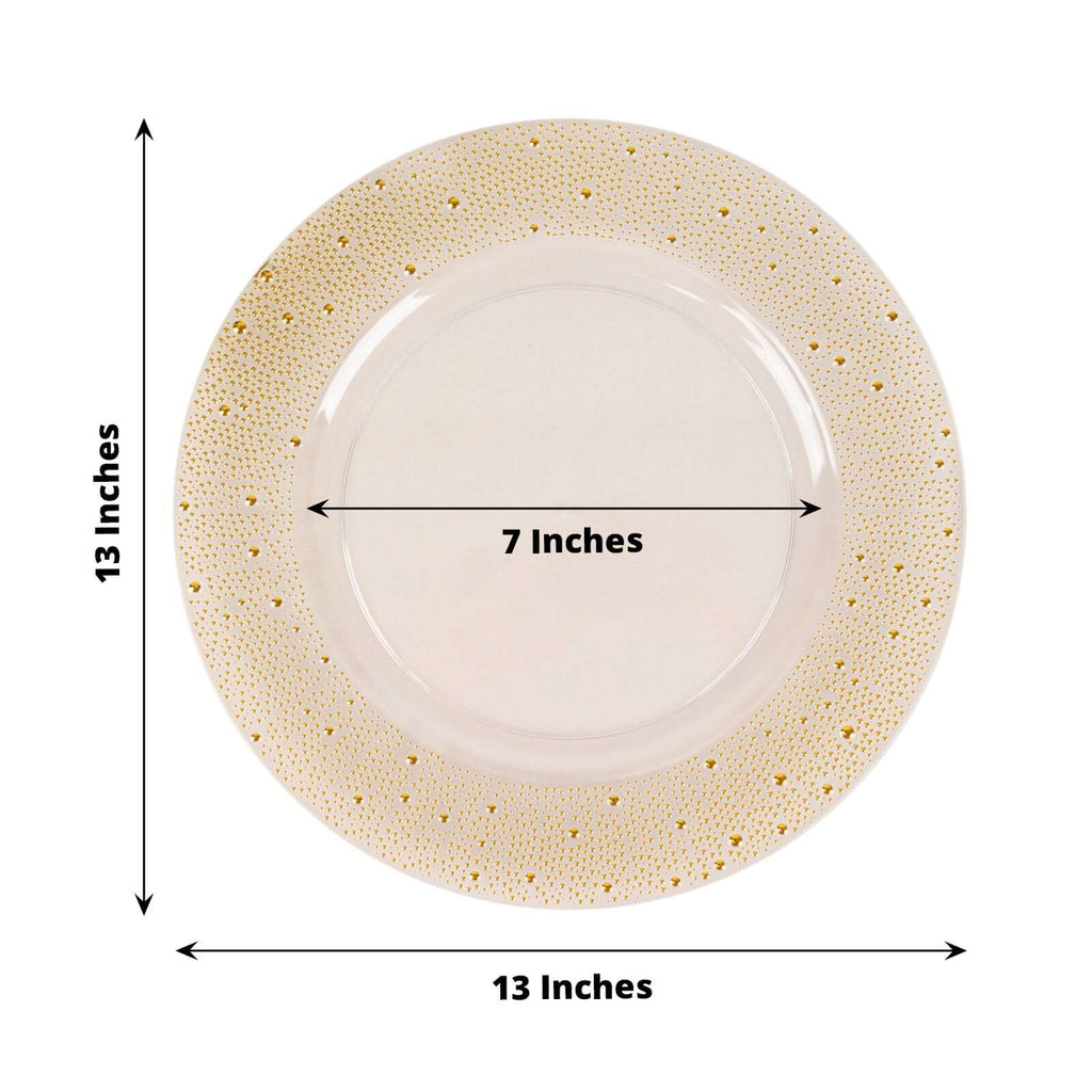 6-Pack Plastic Charger Plates 13" Round Clear with Gold Pearl Beaded Rim - Upscale Dinner Serving Plates