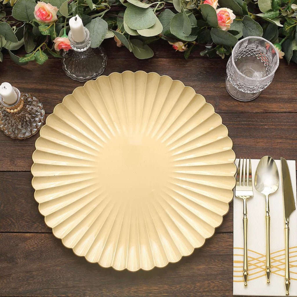 6-Pack Plastic Charger Plates 13" Round Gold with Scalloped Shell Pattern - Coastal Inspired Disposable Charger Tableware
