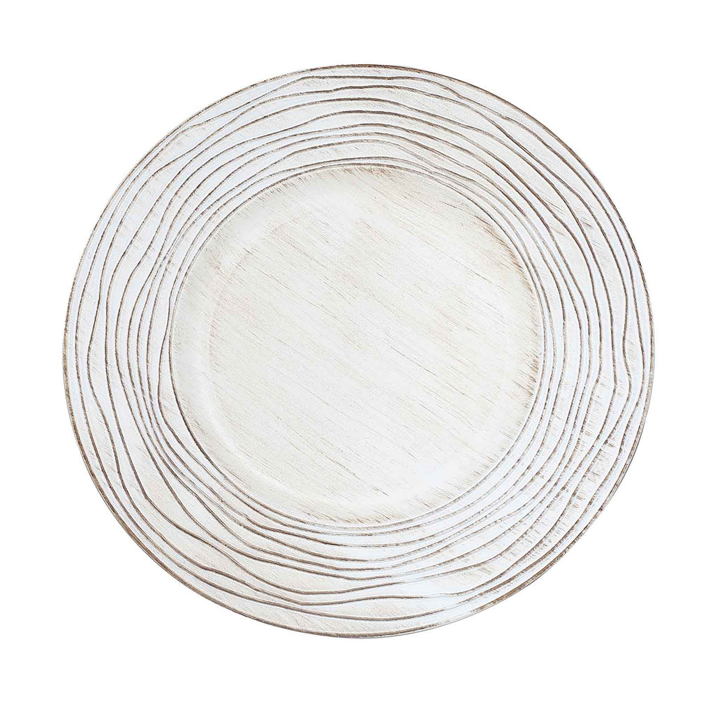 6-Pack Faux Wood Charger Plates 13" Round White Washed Rose Embossed Rim - Disposable Plastic Charger Tableware