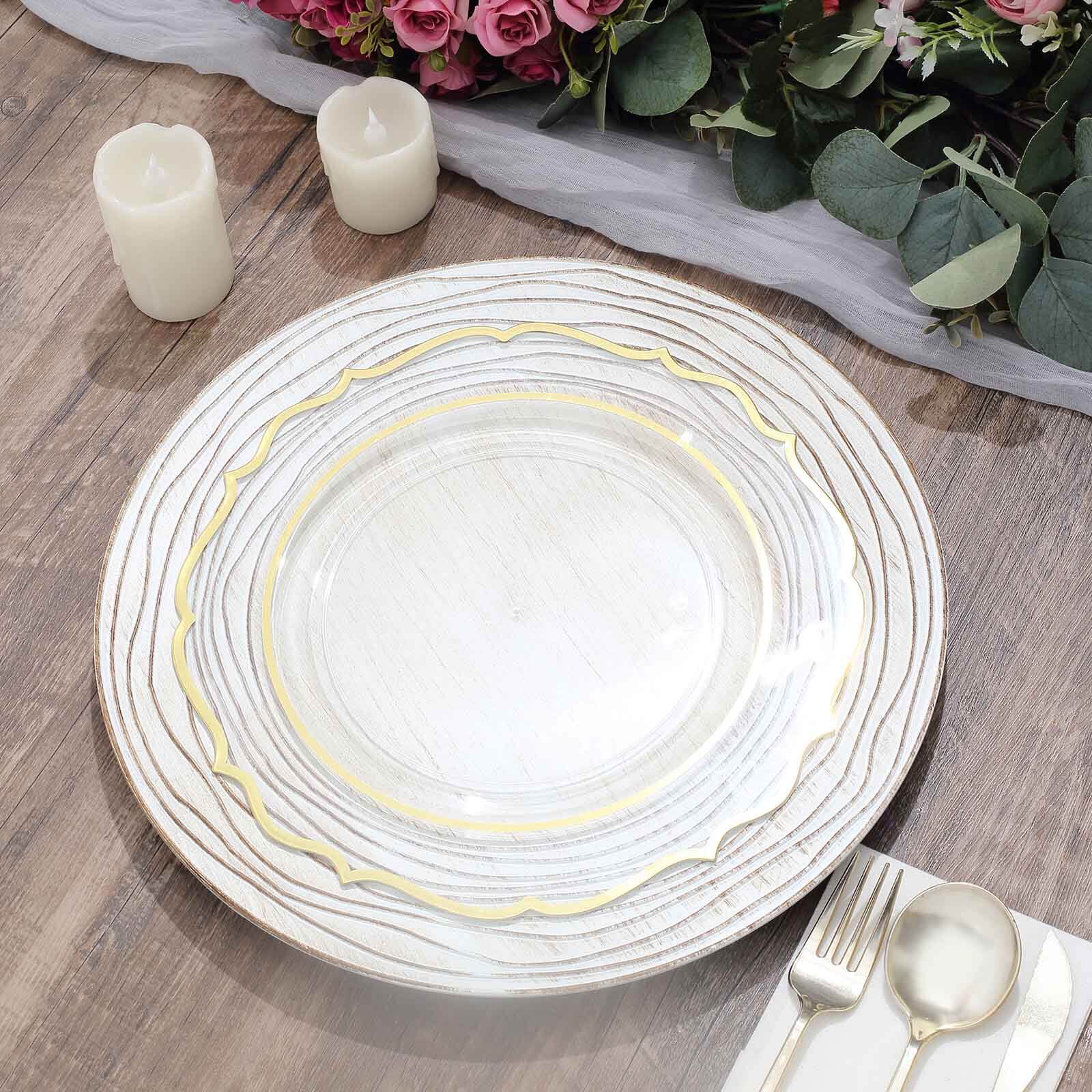 6-Pack Faux Wood Charger Plates 13" Round White Washed Rose Embossed Rim - Disposable Plastic Charger Tableware